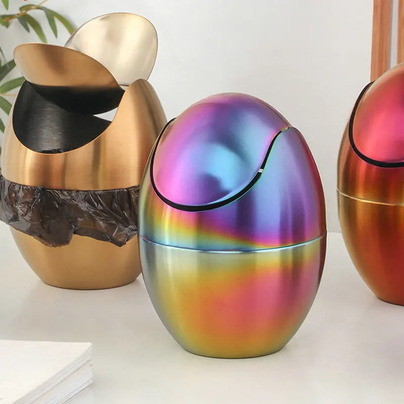 New 304 stainless steel trash can, small colorful egg shaped rocking lid desktop mini paper basket BB530TL