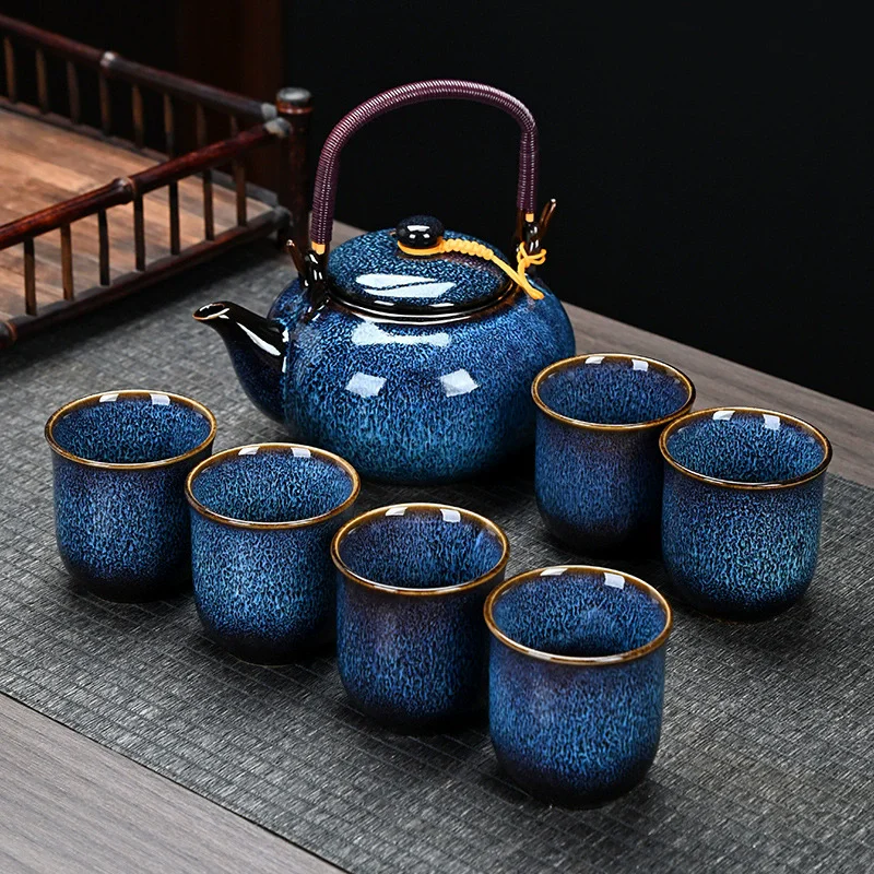 7 PCS/Set Ceramic Tea Set 700ML Kiln Change Color Teapot With Handle 150ML Cup Health Ceramics Tea Pot Tea Cup Combination