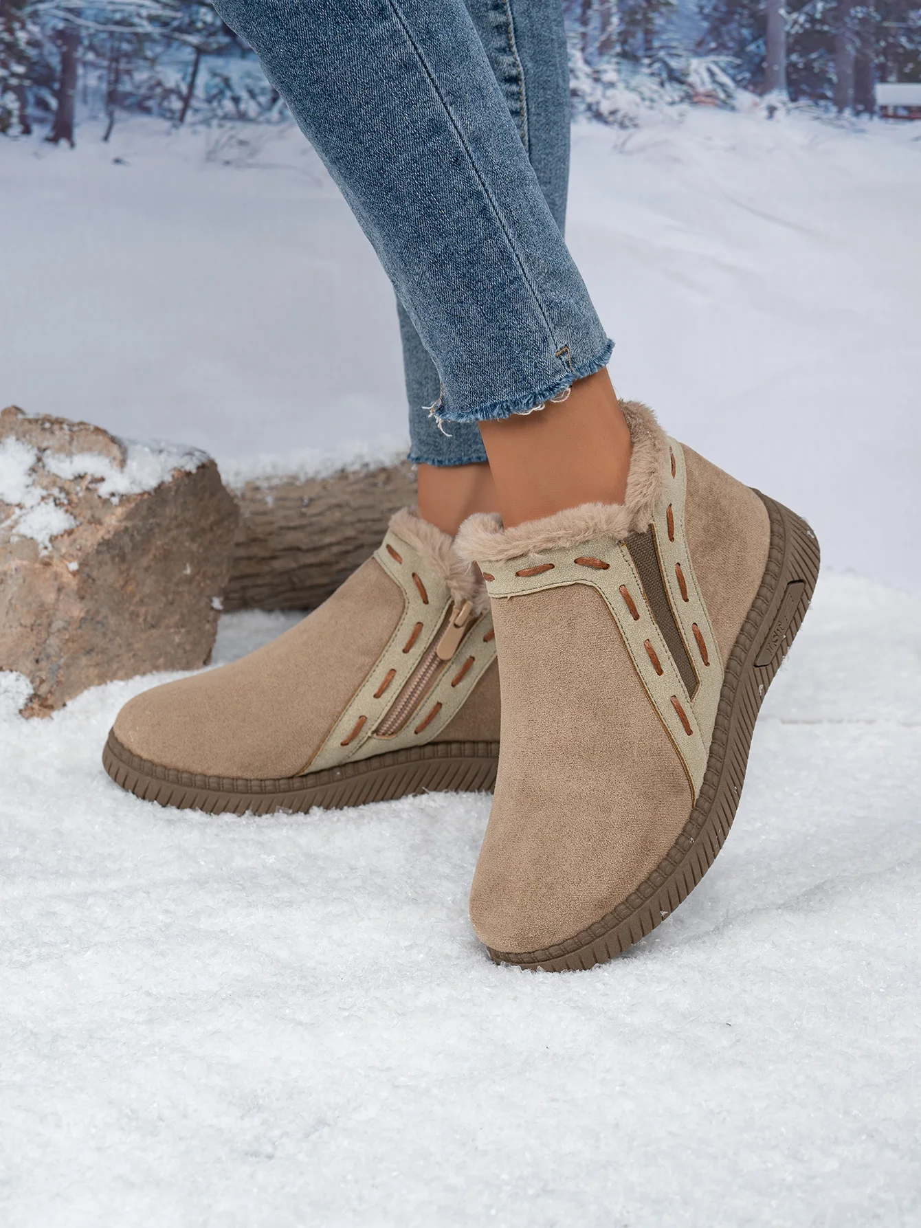 Damen-Winterstiefel Braun Damen-Knöchelstiefel mit seitlichem Reißverschluss, warm gefüttert mit Fleece, rutschfeste flache Schneestiefel für den täglichen Outdoor-Gebrauch. – Detail 4