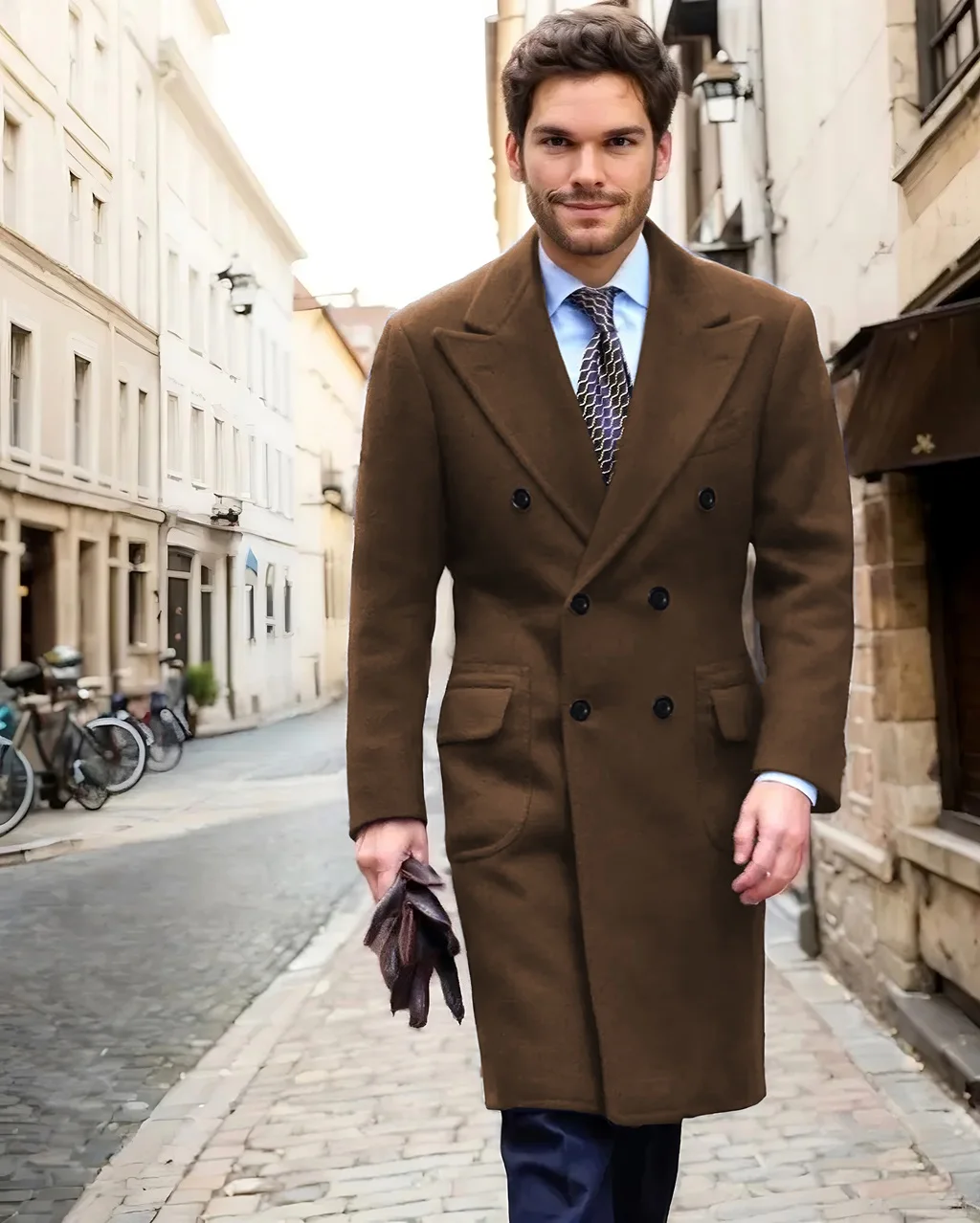 

long coat men Men's double-breasted long coat Pointed collar double-breasted high end men's clothing Coarse woolen fabrics