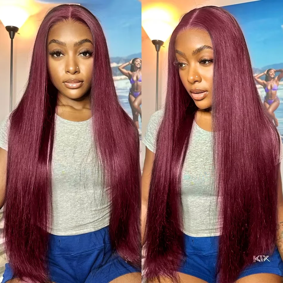 99j Burgundy HD Transparent Lace 200 Density 13x4 13x6 Full Frontal Lace Preplucked Colored Straight Frontal RemyHuman Hair Wigs