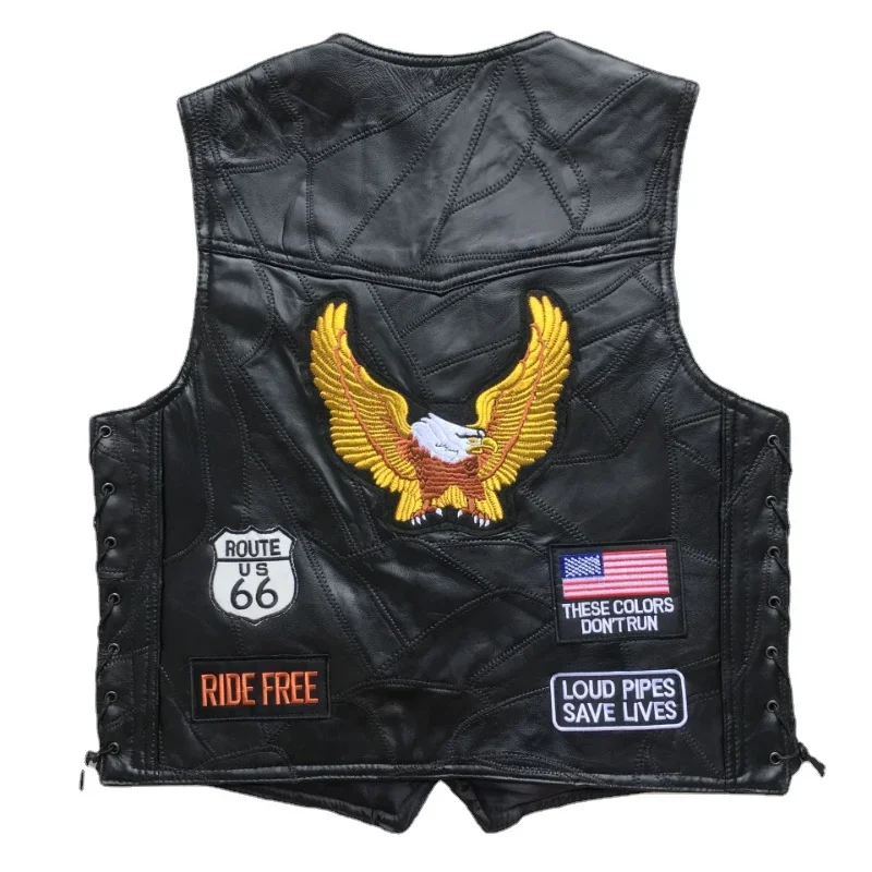 American Motorcycle Riding Waistcoat Leather Vest Men\'s Leather Vest Single Breasted V-neck Embroidered Badge Multi-style Clip