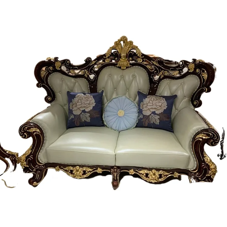 American vintage luxury genuine leather sofa set 1+2+4 hand-carved solid wood frame, high-end villa living room furniture