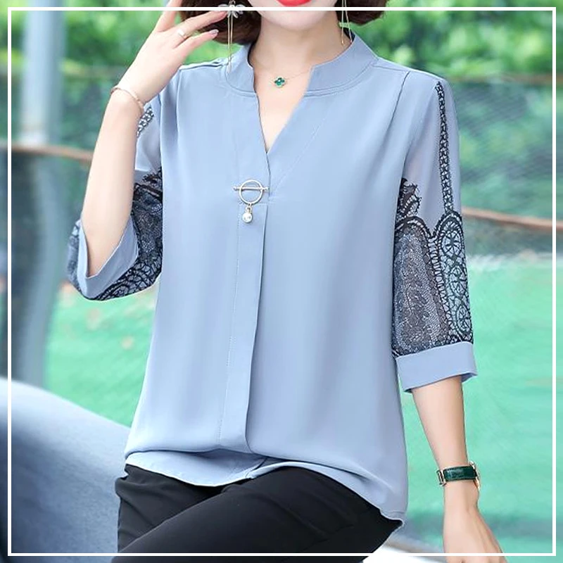 2024 New Summer Fashion Trend Elegant Elegant V-neck Bead Print Loose Oversize Casual Versatile Middle Sleeve Shirt for Women