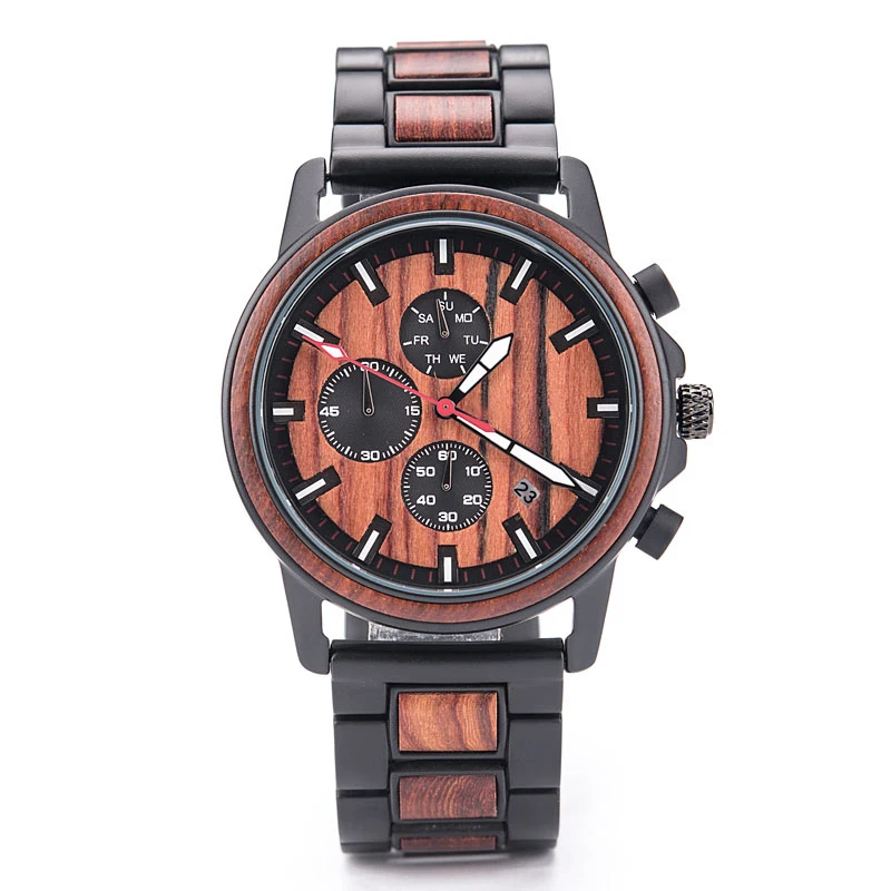Business Men's Quartz Wristwatch Solid Wood Body Practical Six Hands Water Resistant Calendar Feature Wood Watch