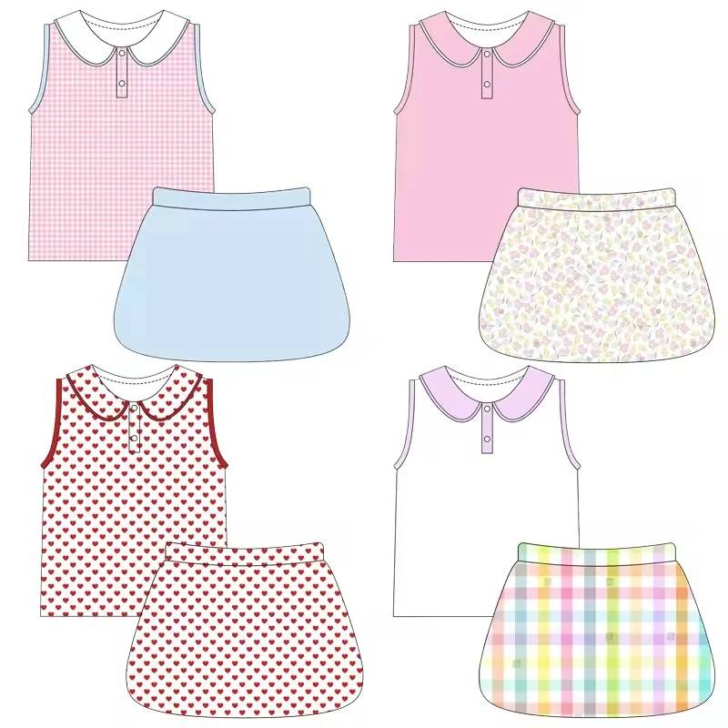 

Girls Summer New Sleeveless Collared Top Plaid Polka Dot and Heart Print Short Skirt Boutique Set