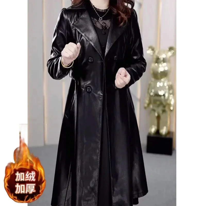 Imagem -04 - Trench Coat Feminino de Couro pu Cabolsa Feminino Longo Grosso Quente Adiciona Veludo Outono Inverno Novo 4xl