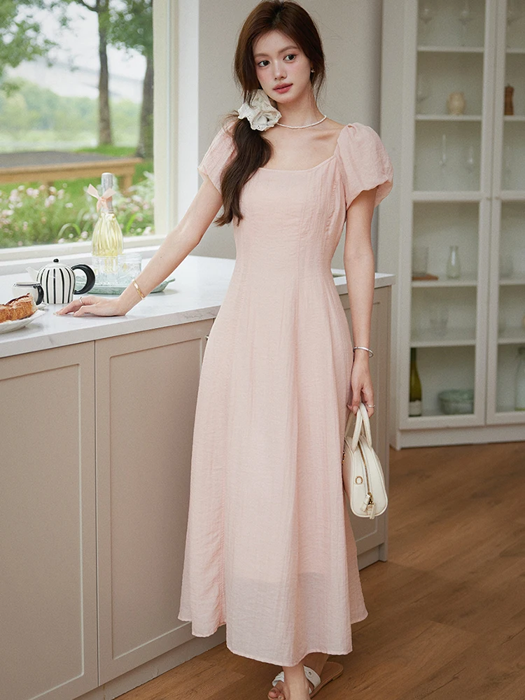 

Новинка 2023 года, розовое длинное платье с пышными рукавами и квадратным воротником, женское элегантное повседневное платье для выпускного вечера с рюшами, летние корейские облегающие праздничные платья