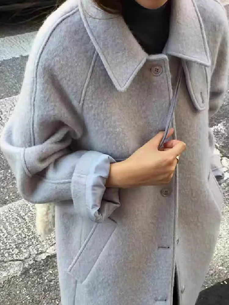 

Winter Woolen Waist Bag Coat Women's Sli Notch Collar Slim Fit Single Buttoned Belted Outerwear Jaet