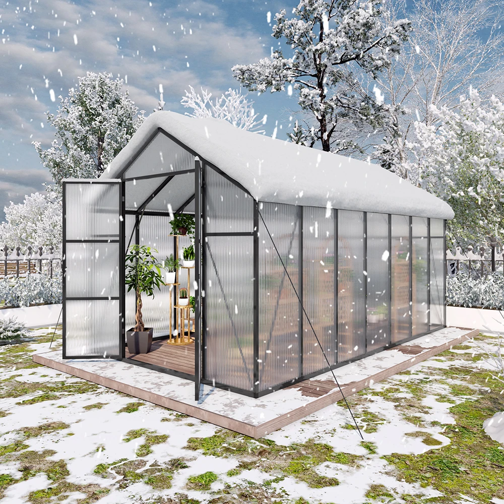 8*14ft Free Ship Polycarbonate Greenhouse With Stronger Wind Protection And Roof Vent,Walk-in Large Aluminum Sunroom