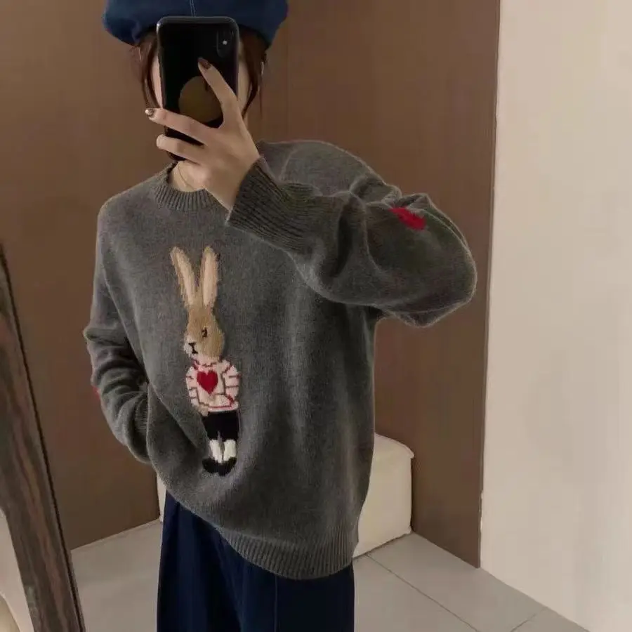 Korean Fashion Y2k Pulls Autumn Winter Cartoon Bunny Round Neck Pullover Long Sleeve Knitted Sweater for Women Winter 2022