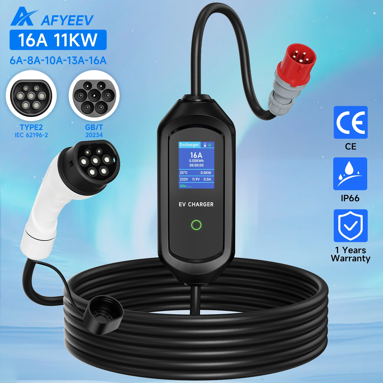 

AFYEEV 11KW 16A Зарядное устройство для электромобилей Type2 IEC62196-2 Зарядное устройство EVSE Зарядное устройство для электромобилей CEE Plug GB/T Зарядное устройство для электромобилей