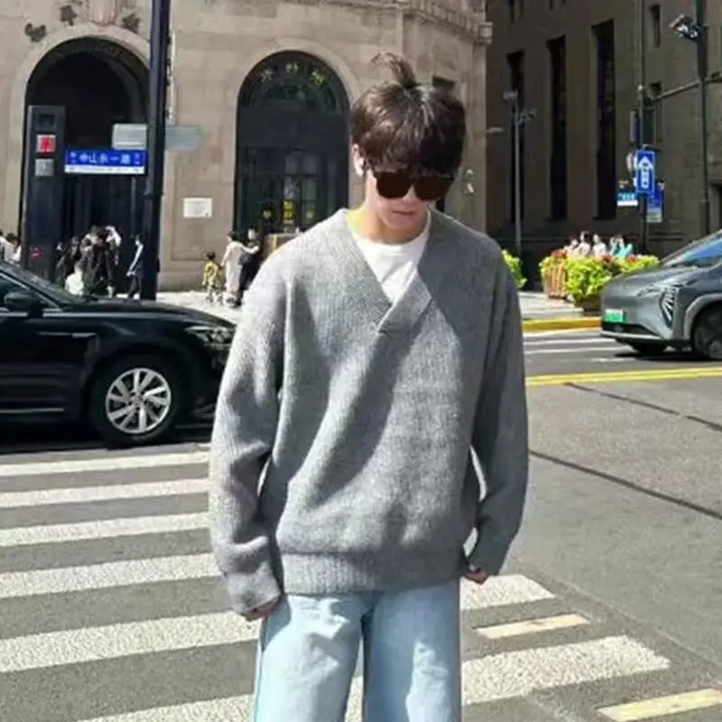 

Повседневный вязаный свитер в американском стиле ретро с v-образным вырезом, мужской цветной открытый кардиган, мягкий полиэстер, длинная зимняя верхняя одежда све