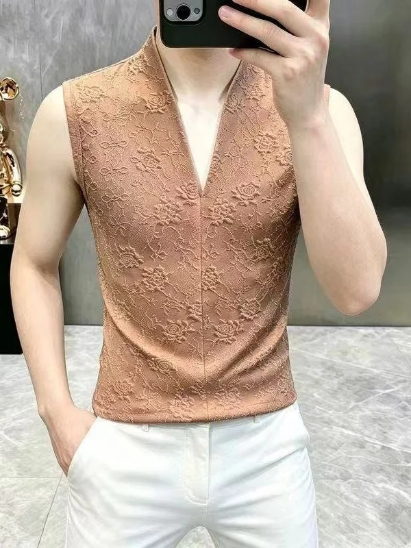 Summer New Style Men's V-Neck Sleeveless Casual Breathable Top Trendy Printed Polyester Fiber Skin-Friendly Comfortable Shirt