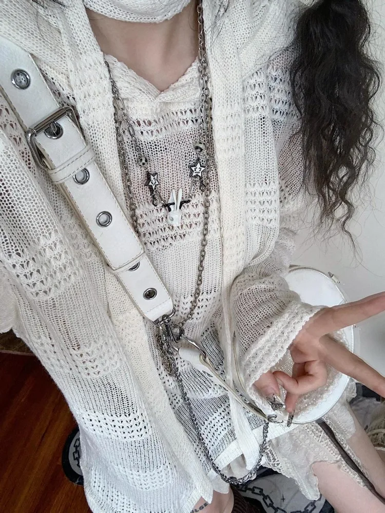 Subculture Millennial Y2K T-shirt Elegant Cutout Detachable Sleeves Loose Slim Smock Sunscreen Sweater Knitwear Women 2025 New