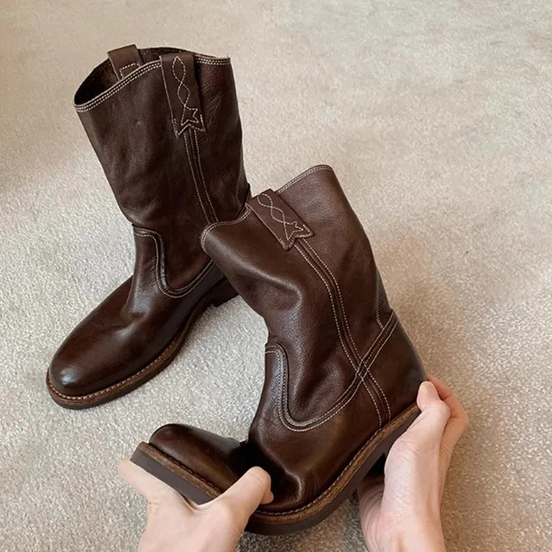 Women's Cowboy Boots Mid Calf Boots Western Short Embroidered Round Toe Low Heel Slip on Comfort Dress Slouchy Booties