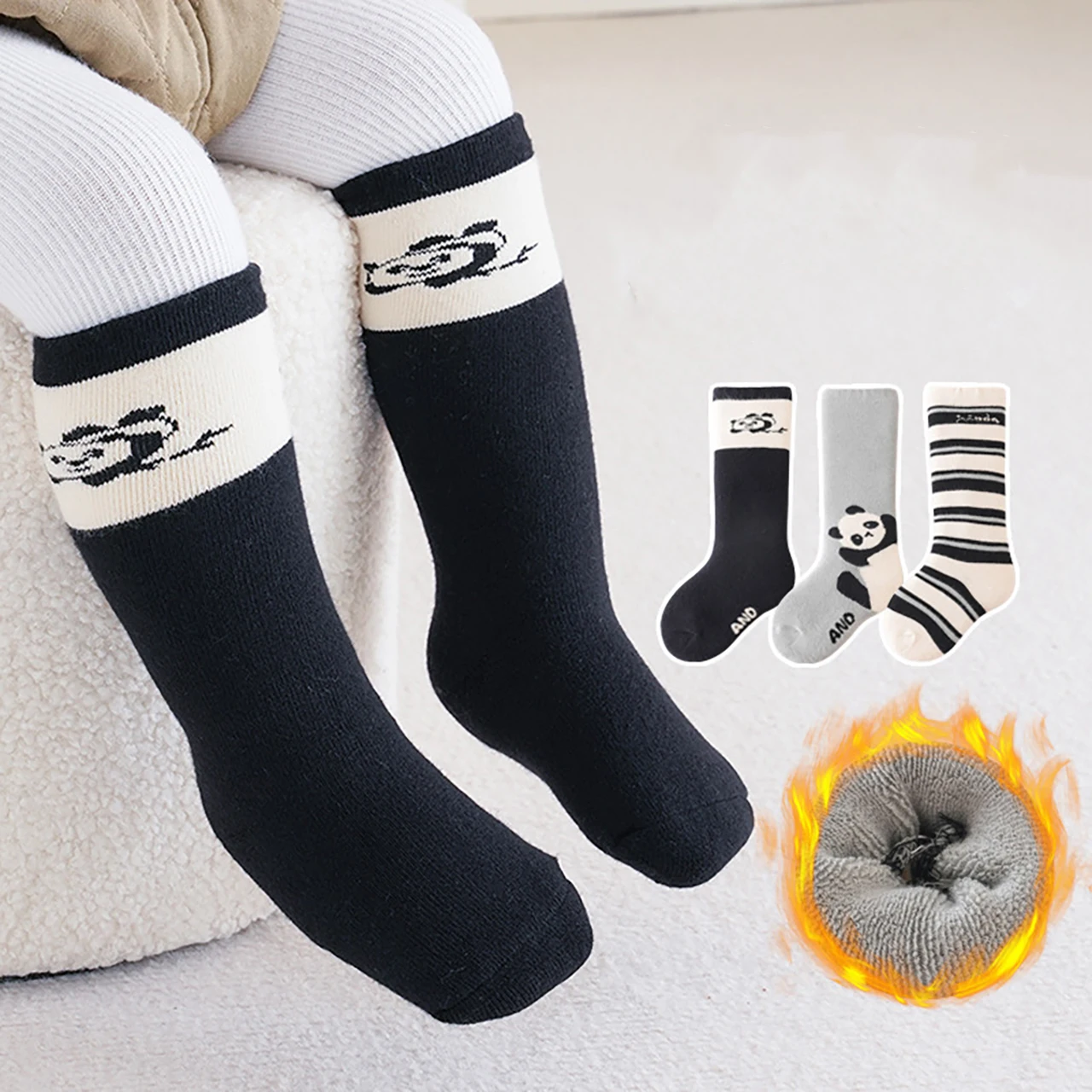 3Pair Baby Plush Socks Black White Stripe Panda Kids Calf Sock Thicken Fleece Toddler Warm Sock 0-4Year Children Winter Footwear