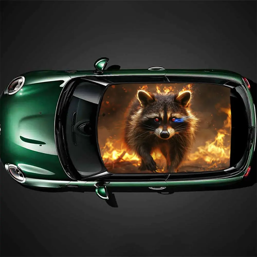 

Flame Raccoon with Red Eyes Car Roof Sticker Wrap Racing SUV Auto Accessories Packaging PVC Car Hood Graphic Decal Decoration