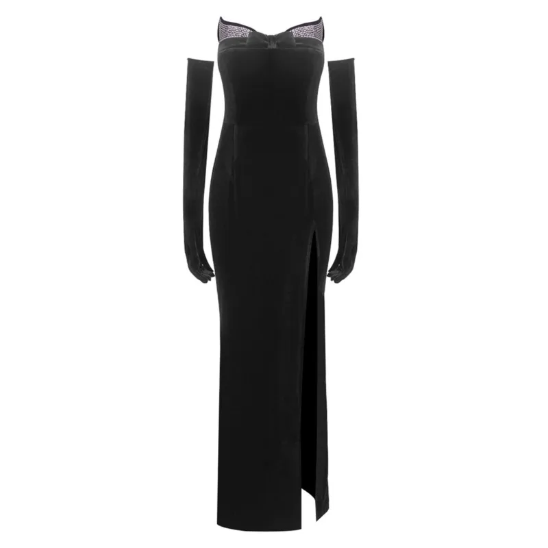 Novo vestido longo de veludo sem alças incrustado de diamantes estiramento dividido