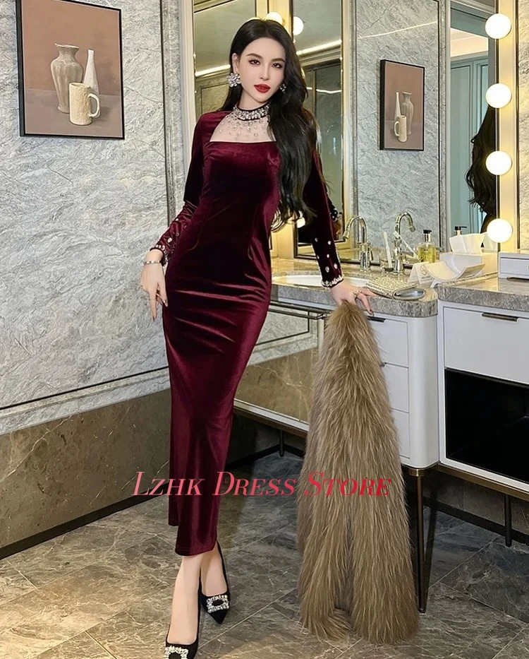 Temperamento personalizzato Velluto Dritto Abito da sera in cristallo Maniche lunghe di lusso O-Collo Lunghezza tè فسات Бmavera