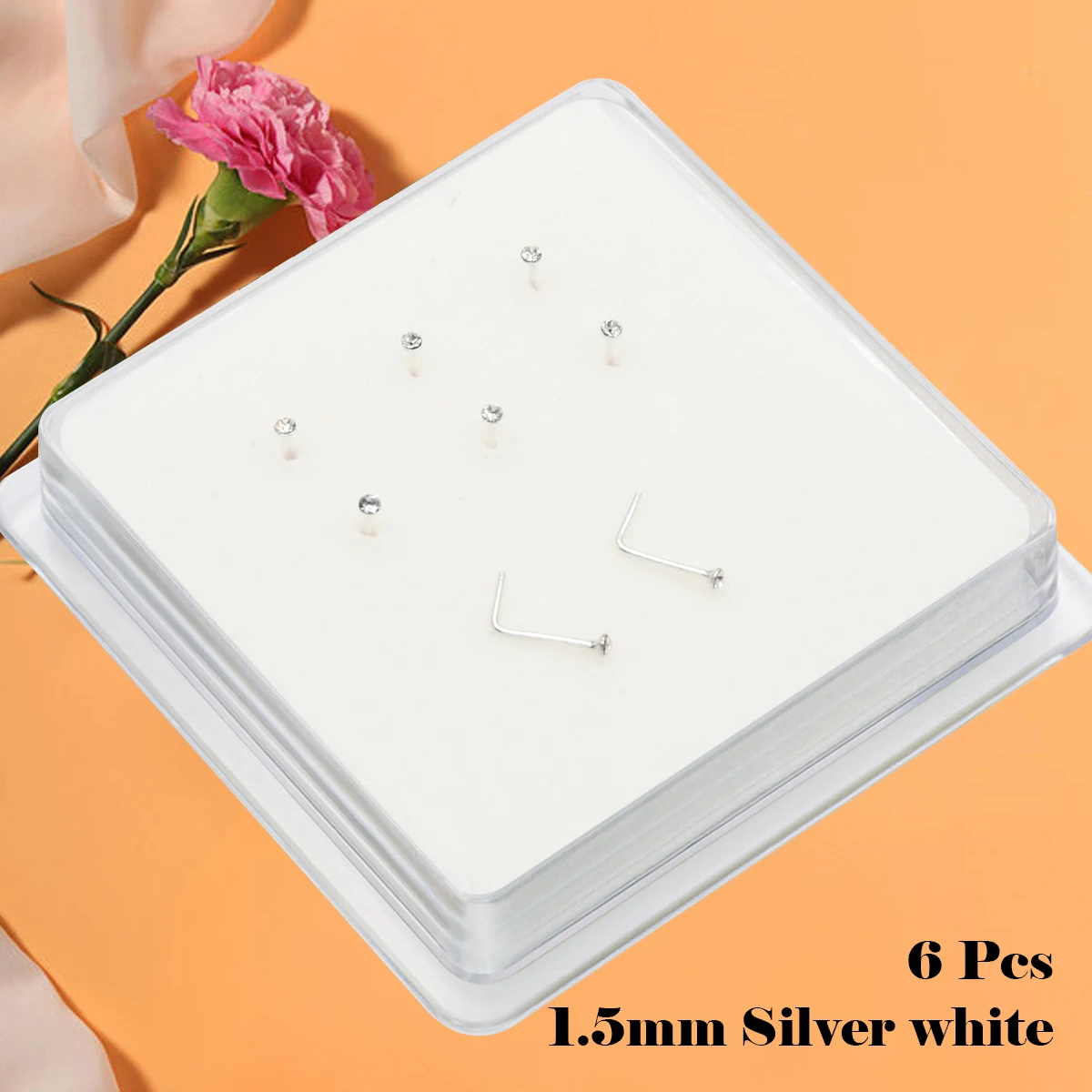 Sterling Silver 925 Jewelry Nose Stud Women Different Size 1.5mm/2.0mm Crystal L Shape Piercing Silver Tiny Nose Studs Ear Studs