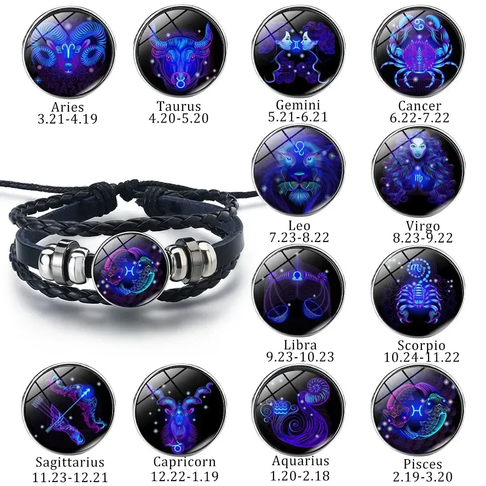 12 Zodiac Signs Constellation Charm Bracelet 팔찌 Men\'s Women\'s Fashion Multi-layer Woven Leather Punk Couple Bracelet Gift Pride