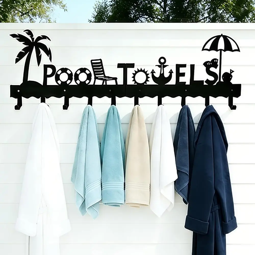 

Large Pool Towel Rack (32 Inch), Outdoor Towel Rack for Pool, Wall Mounted Towel Holder Towel Hanger with 10 Hooks, Carbon St