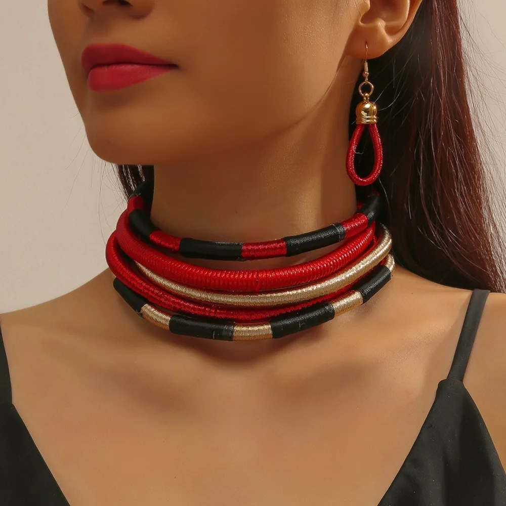 Africa Tribal Neck Jewelry Multilayer Colorful Rope Weave Chunky Bib Statement Necklace Earrings Set For Women Party Accessories