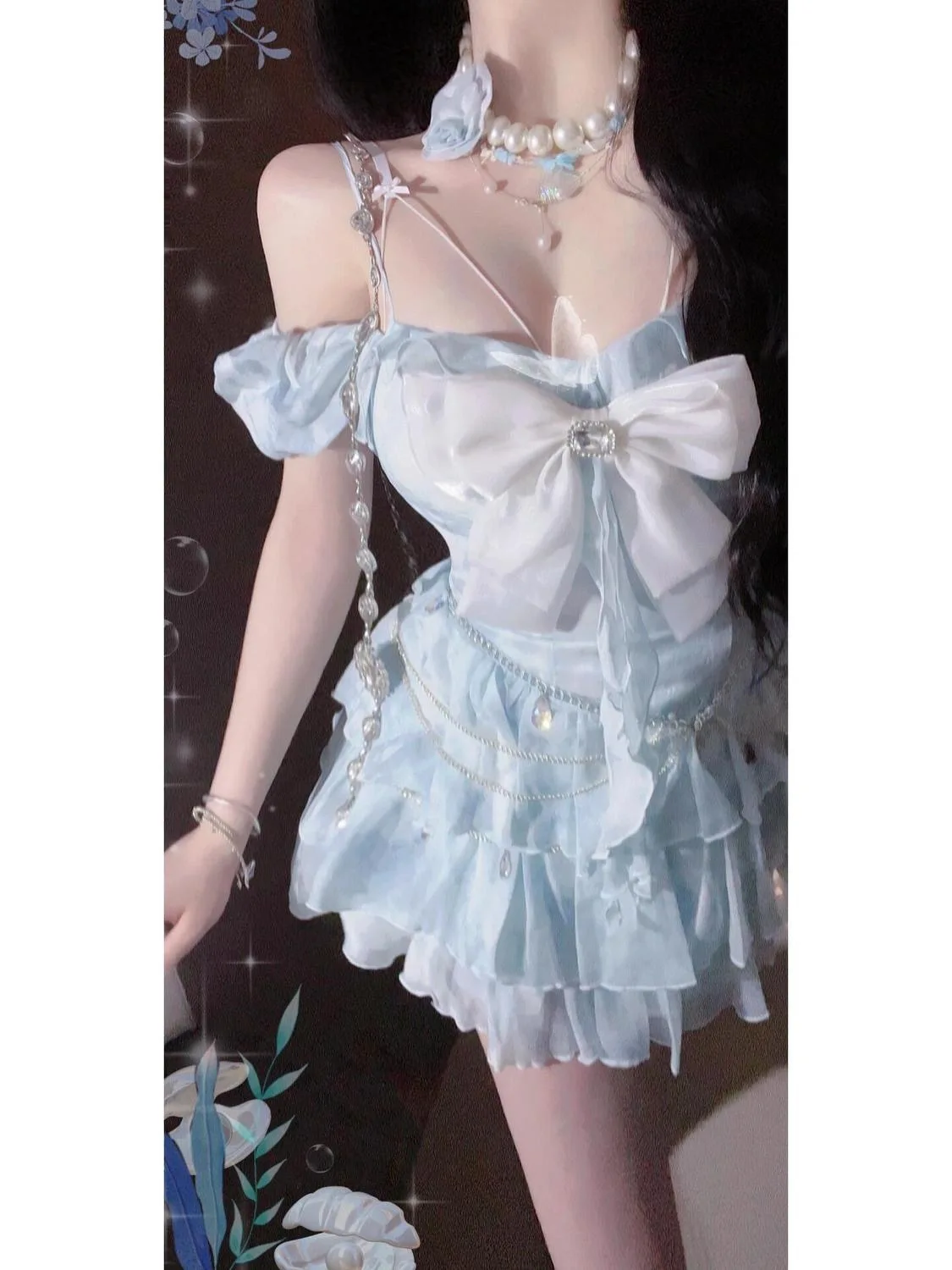 Summer Chiffon Suspender Skirt Mori Bow Heavy Industry Cake Skirt Vacation Dress