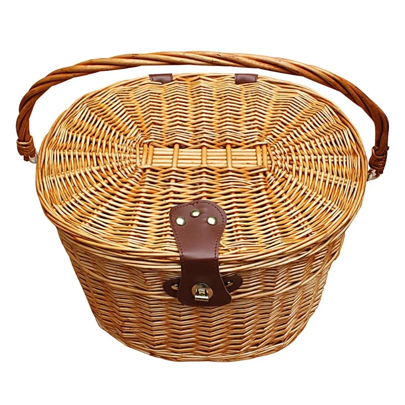 

Bike Cycling Rustic Wicker Basket Shopping Bag With Lid Carry Handle