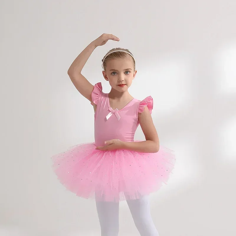 Балетное платье, гимнастические трико для девочек, детская балетная танцевальная одежда с пышными рукавами, шифоновые юбки-пачки, детские танцевальные трико с бантом