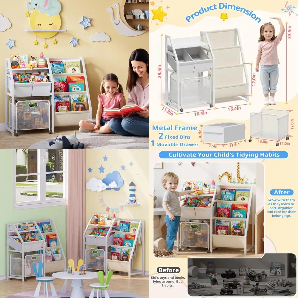 Estantería para niños y organizador de almacenamiento de juguetes, estantería para libros de 3 niveles para habitaciones de niños con cajón móvil, estantería para niños con 2 contenedores de juguetes, T