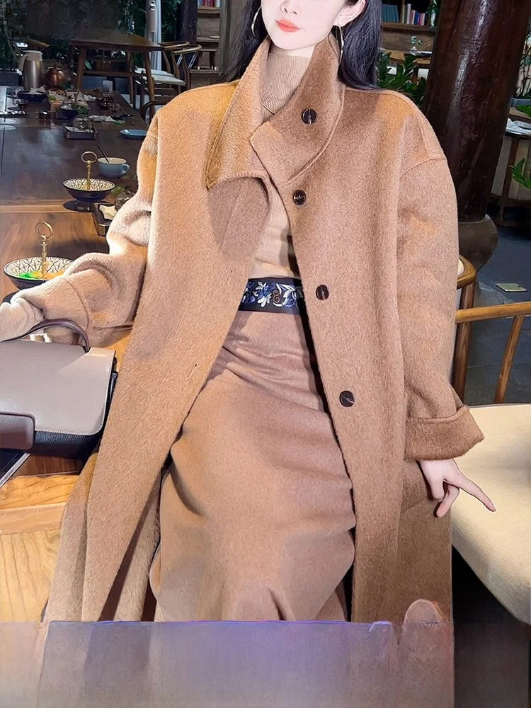 

Luxury Alpaca Wool Coat Women's Long Stand Collar Trench Coat Autumn Winter Faion Vintage Sle Camel Color Outerwear