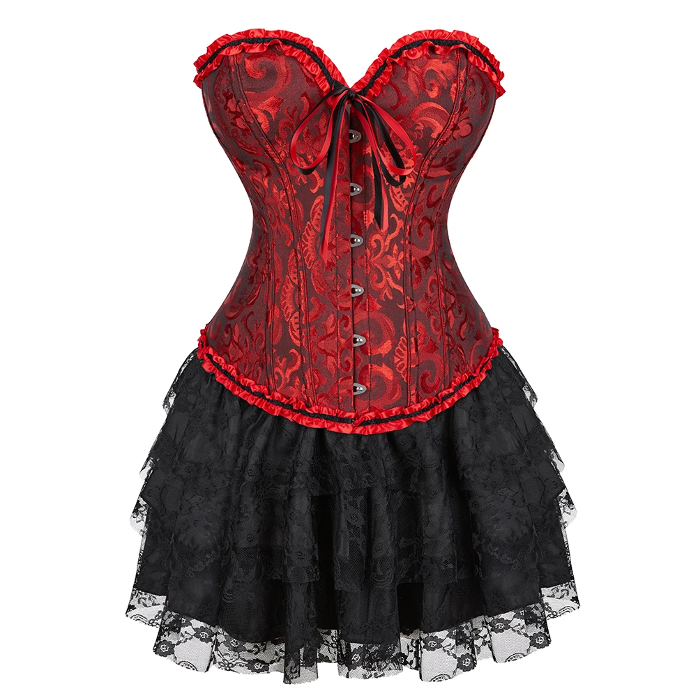 Corset Top with Skirt Overbust Corset Victorian Burlesque Costume Women Jacquard Strapless Corset with Dress Plus Size