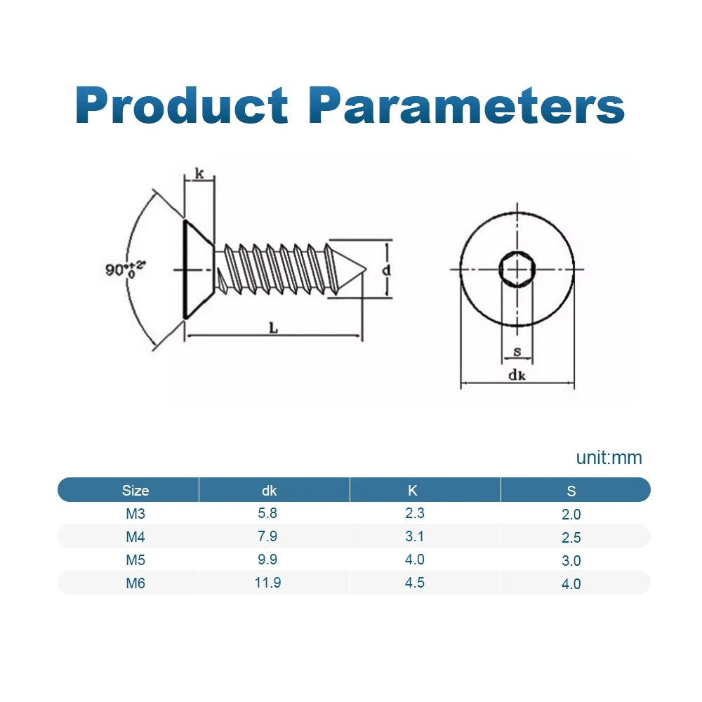 Tornillo autorroscante de cabeza plana con casquillo hexagonal m2 m2.6 m3 m4 m5 m6 tornillos roscados de cabeza avellanada Allen de acero al carbono niquelado