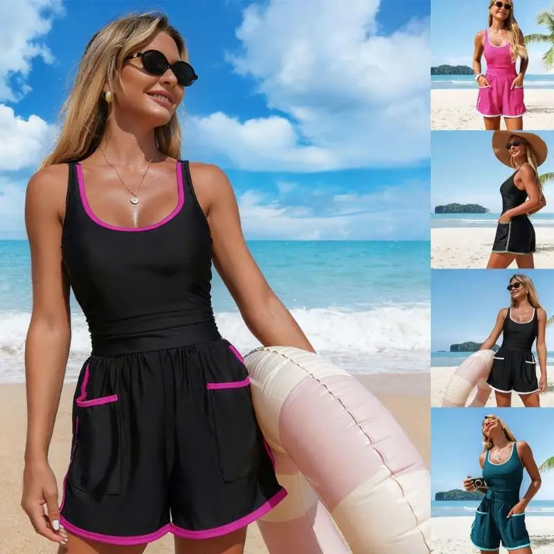 Women Piece Scooped Neck Swimsuit with Boyshorts Athletic Bathing Suit with Two Front Pockets for Beach and Pool 69HD
