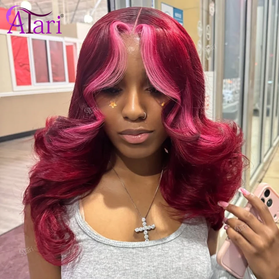 بورجوندي مع الوردي بوب موجة شعر مستعار شفاف 13x4 كامل الدانتيل أمامي شعر الإنسان قصير بوب الباروكات 99 شعر مستعار أحمر اللون قبل نتف