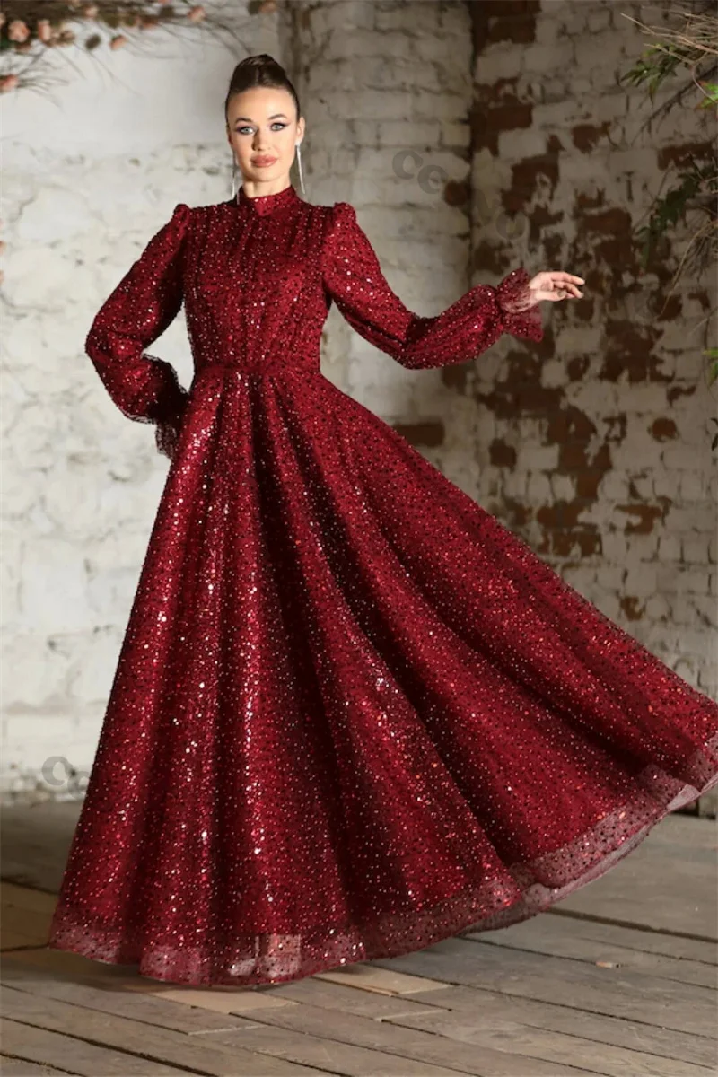 

Burgundy Full Sleeve Hijab Evening Dresses Arabic Dubai Sequin High Neck Islamic Formal Party Gown Muslim Robe De Soiree