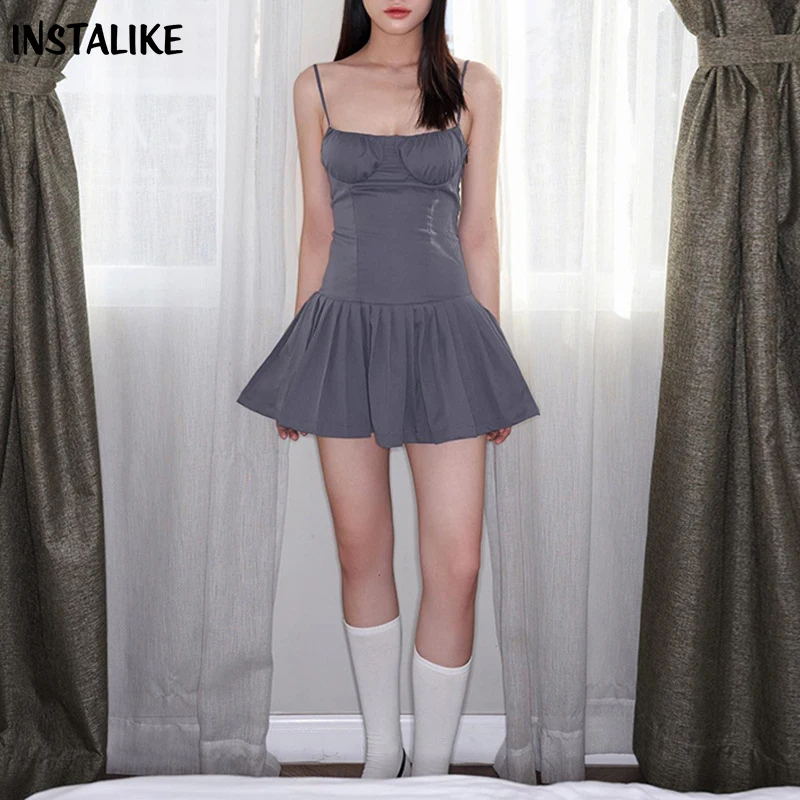 

InstaLike Sexy Folds Pleated A Line Mini Dress Stap Elegant Bodycon Office Lady Streetwear Luxury Chic Korean Fashion Dresses