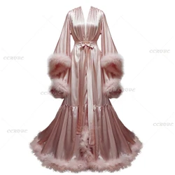 Bademantel für Frauen Flare Ärmeln Feather Braut Robe Nachthemd Seide Illusion Lange Hochzeit Schal Dressing Kleid Fotografie Kleid