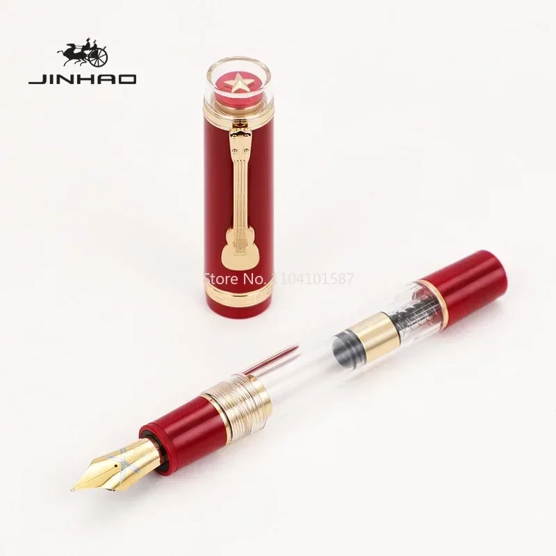 

Jinhao 1935 Tiandao Series Fountain Pen NO.8 F/M Nib with Ukulele Clip Transparent and Red Resin Writing Pen & Large Converter