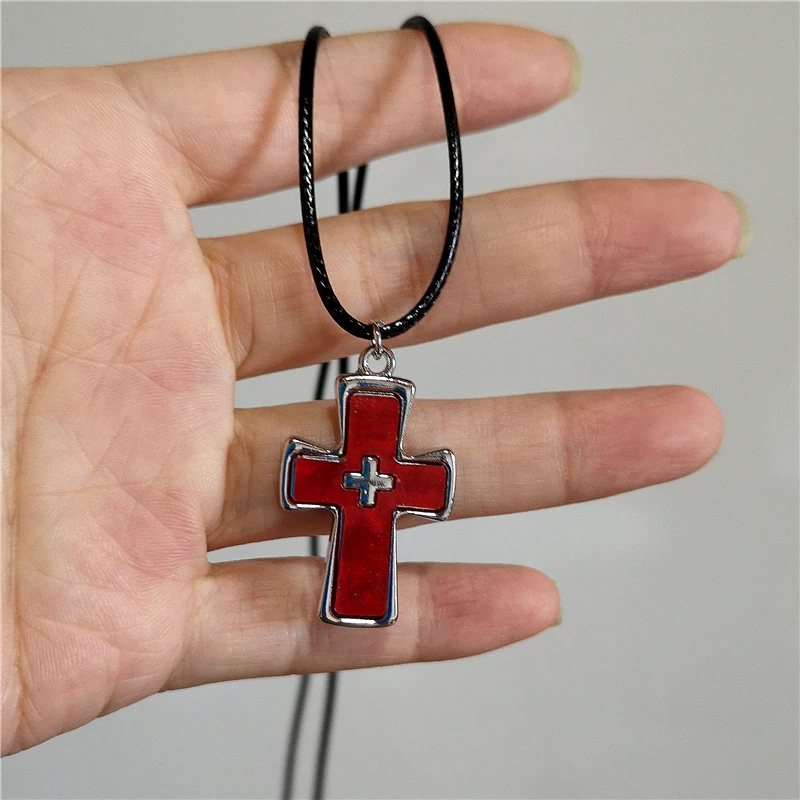Rot rosa großes Kreuz Anhänger Leder Choker Halskette Goth Punk Schmuck Charme Aussage Frauen Männer y2k Accessoires Halloween Geschenk – Detail 10