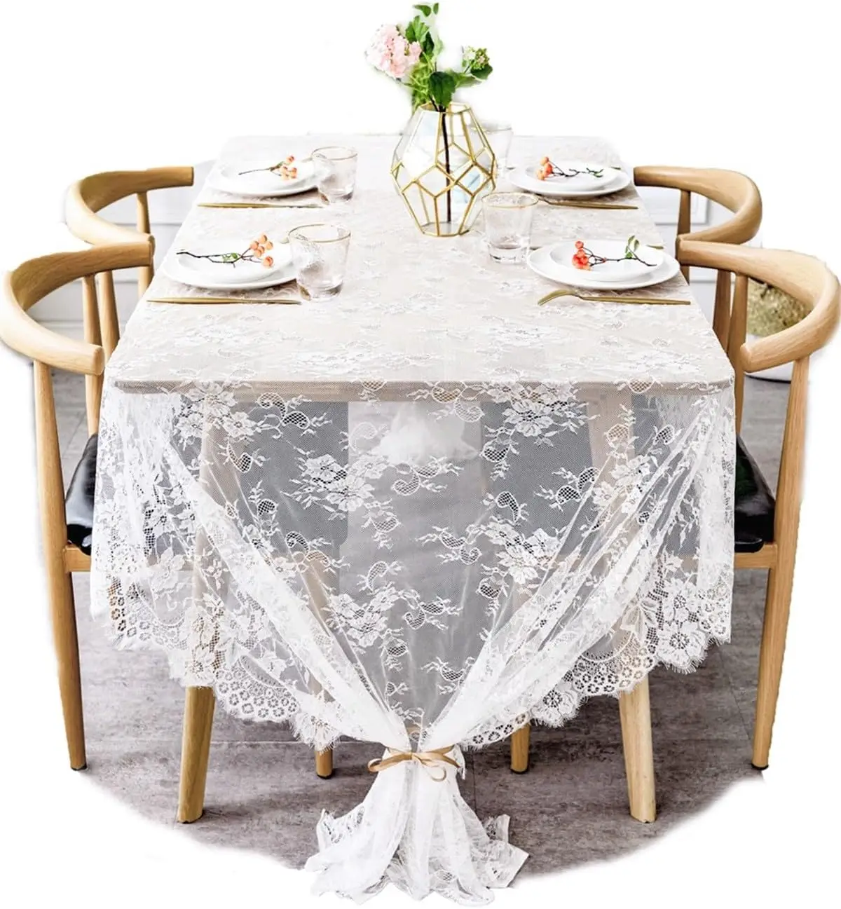 

60x120 Inch White Lace Tablecloth Overlay with Rose Embroidery, Romantic Boho Wedding Decor for Outdoor Tea Parties