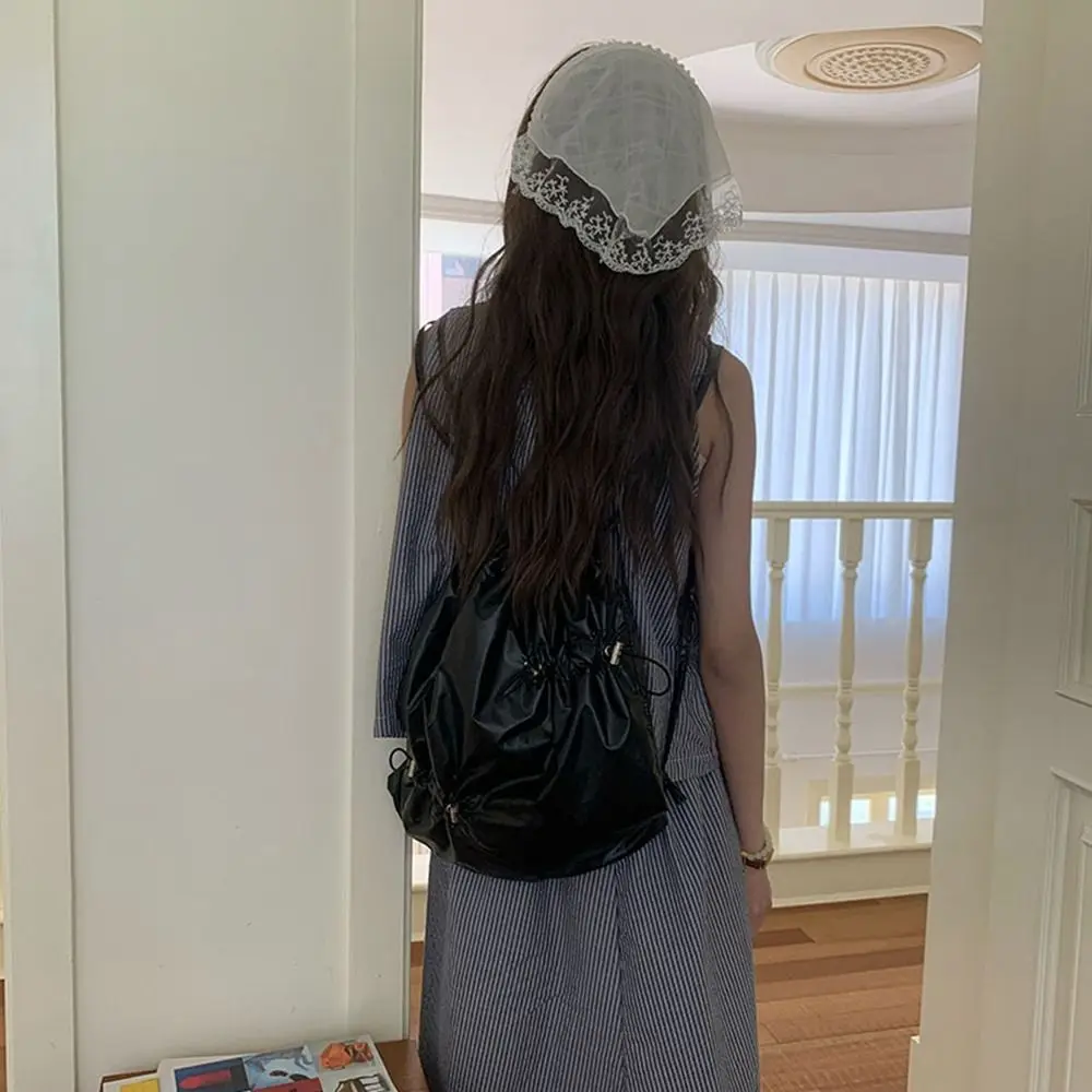 Sweet Korean Style Drawstring Backpack Commute Large Capacity Nylon Ruched Backpack Fold Niche Design Silver Shoulder Bag Women