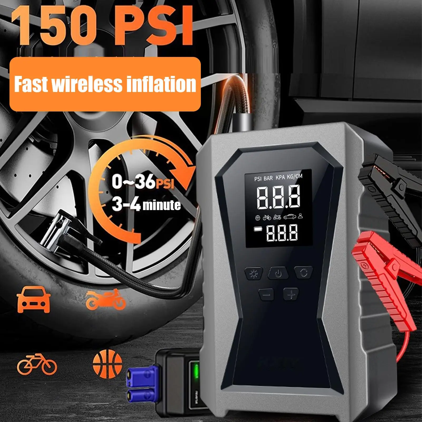 

150psi стартер с воздушным компрессором 12 В беспроводной усилитель запуска автомобиля умный цифровой внешний аккумулятор для грузовика мотоцикла