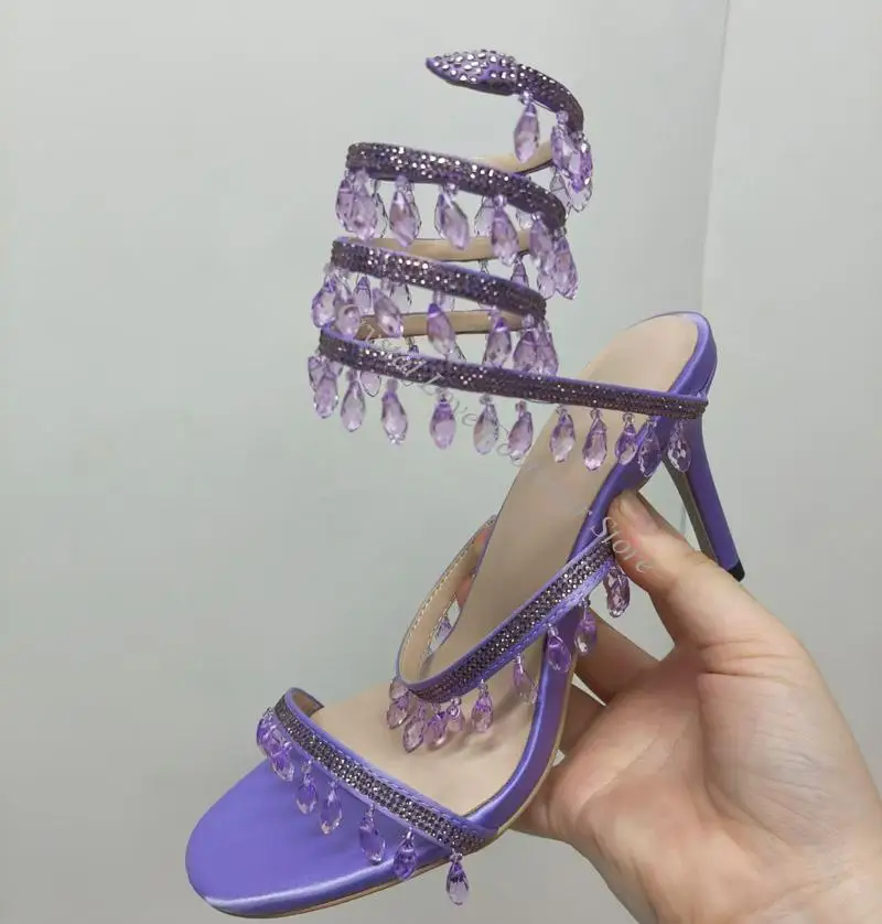 Sexy Snake-shaped Crystal Tassel Stiletto Sandals Open-toe Leg Winding Rhinestone Drops 8/10cm High Heeled Roman Women Shoes