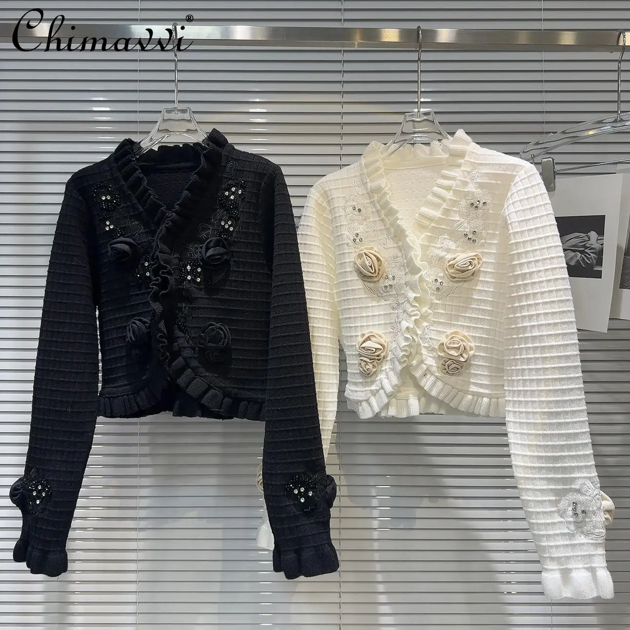 Winter Clothes New Fashion Fungus Edge 3D Flower Embroidery Nail Drill Knitted Sweater Slim Elegant Long-sleeved Cardigan Jacket