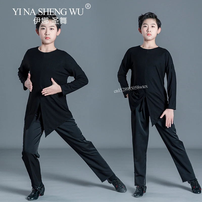 أزياء الرقص اللاتينية للأولاد برقبة دائرية وأكمام طويلة باللون الأسود لقاعة الرقص رومبا تانجو أزياء الأداء اللاتينية