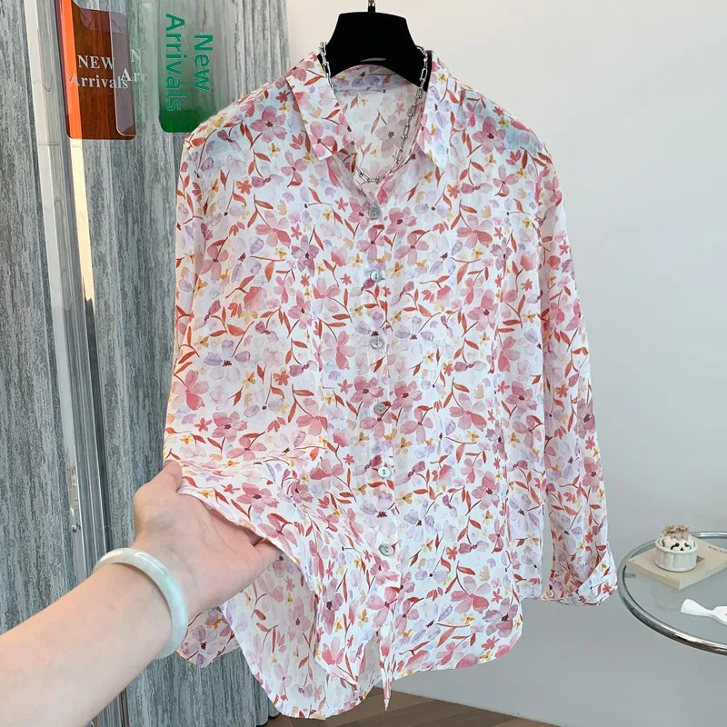 

Retro Hong Kong Style Long Sleeve Collar Printed Shirt Women Loose plus Size Commute Elegant Versatile Cotton Polyester ...