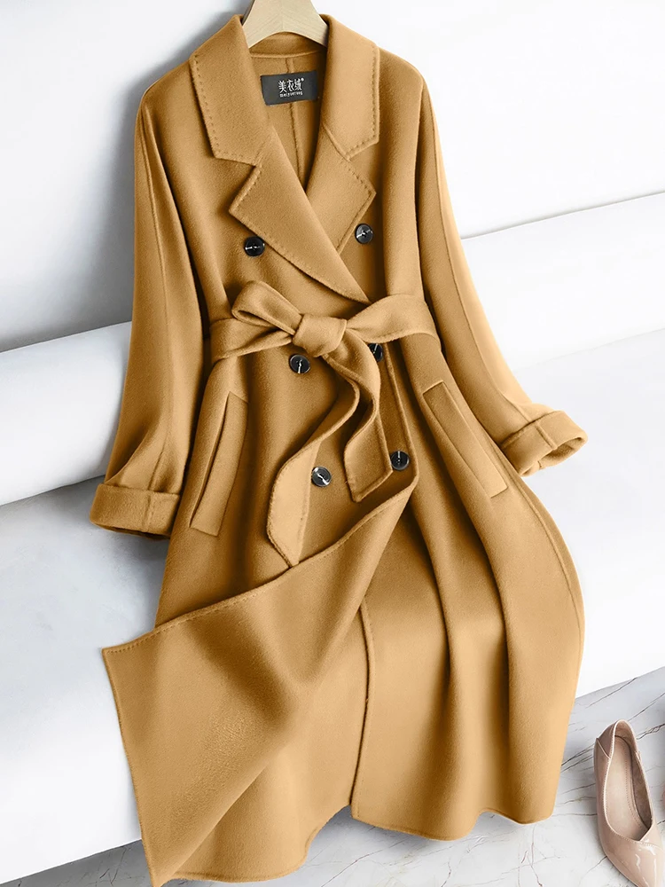 

Брендовое женское пальто из 100% чистой шерсти, двубортное пальто на осень-зиму, красивая элегантная модная шерстяная куртка с поясом